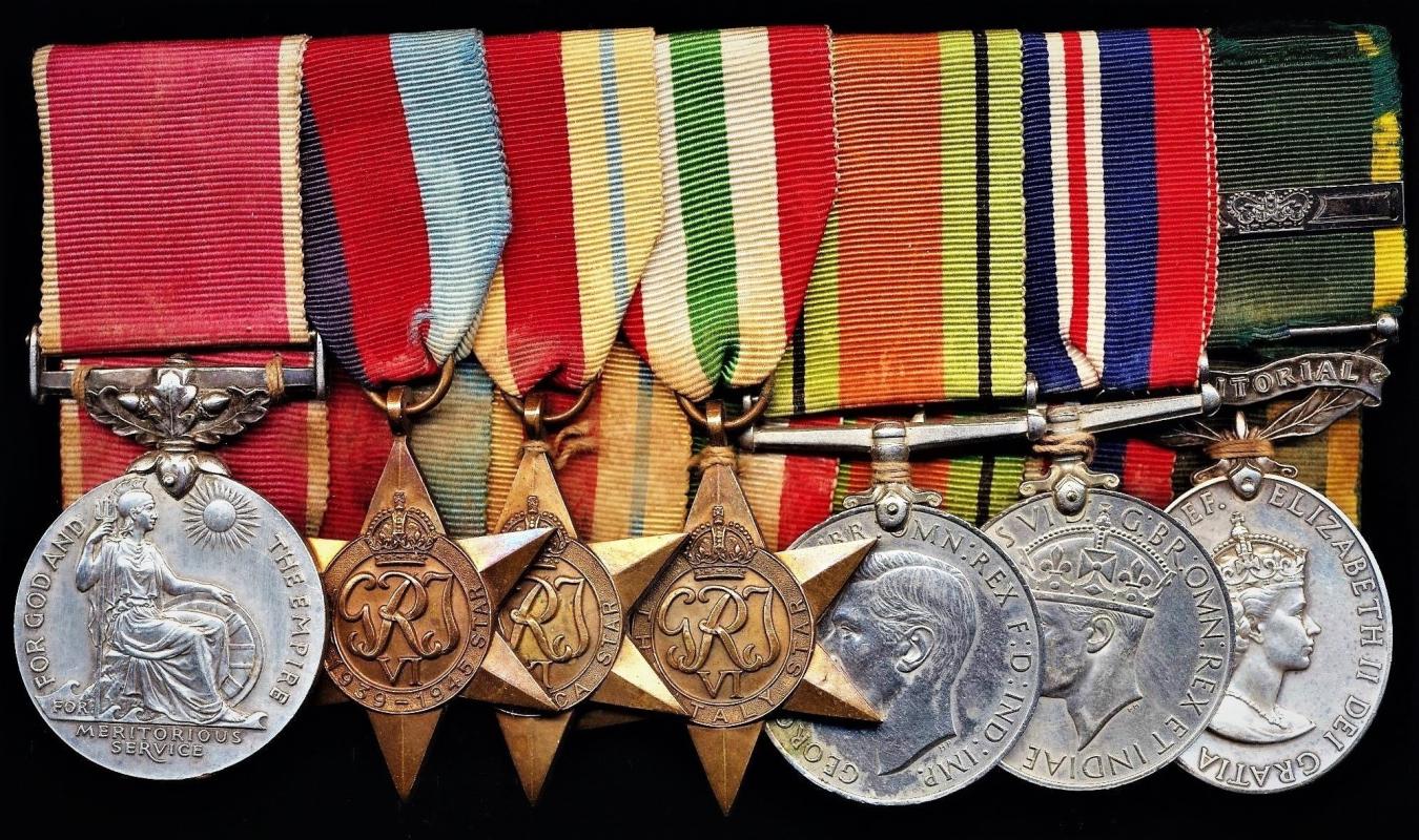 A meritorious, campaign and long service medal group of 7: Caretaker Donald Nicolson, Territorial, Auxiliary & Volunteer Reserve Centre, Dunfermline, Ministry of Defence late Royal Corps of Transport and Royal Regiment of Artillery