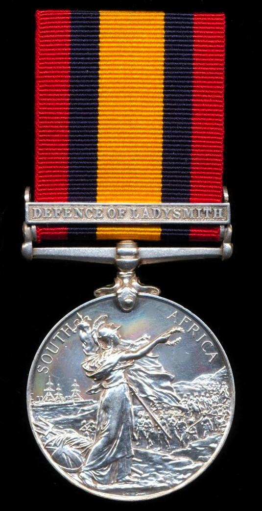 Queens South Africa Medal. Silver issue with 1 x clasp 'Defence of Ladysmith'  (5913 Pte. R. Jack, Gordon Highrs:)