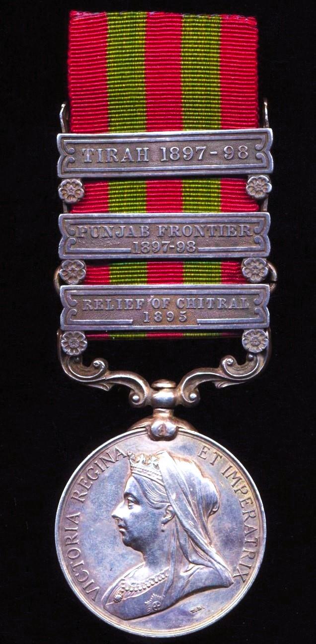 India General Service Medal 1895. Silver issue with 3 x clasps 'Relief of Chitral 1895', 'Punjab Frontier 1897-98' & 'Tirah 1897-98' (4543 Pte A. Moss, 1st Bn. Gord: Hrs.)