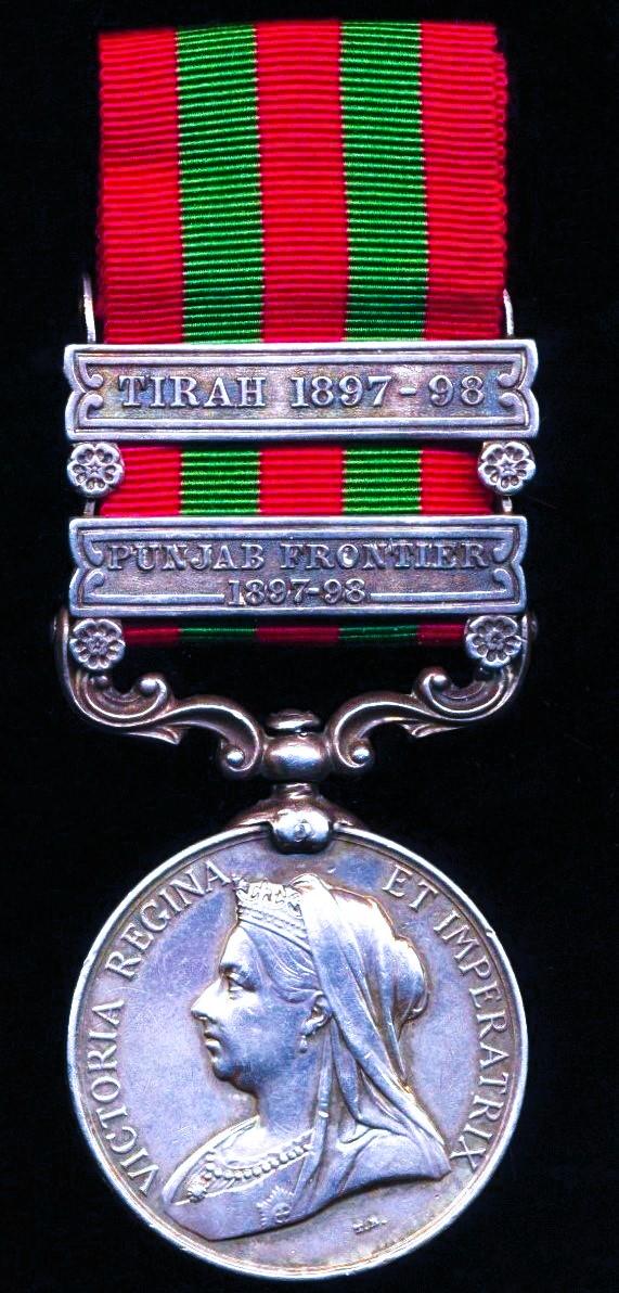 India General Service Medal 1895. Victoria obverse silver issue with 2 x clasps 'Punjab Frontier 1897-98', 'Tirah 1897-98'  (5054 Pte T. Hodgson. 1st Bn. Gord: Hrs.)