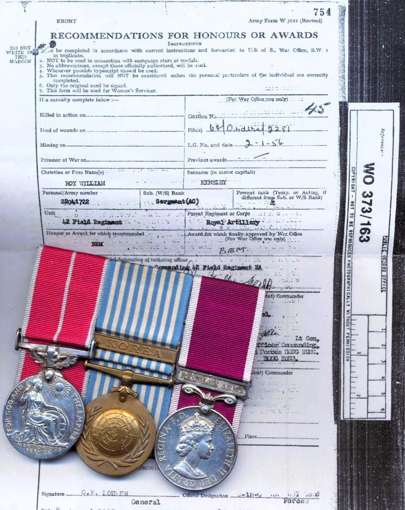 A Gunner Warrant Officer's Korea and Hong Kong Colony medal group of 3: Warrant Officer II Roy William Kinsley, Royal Regiment of Artillery late 42nd Field Regiment Royal Artillery