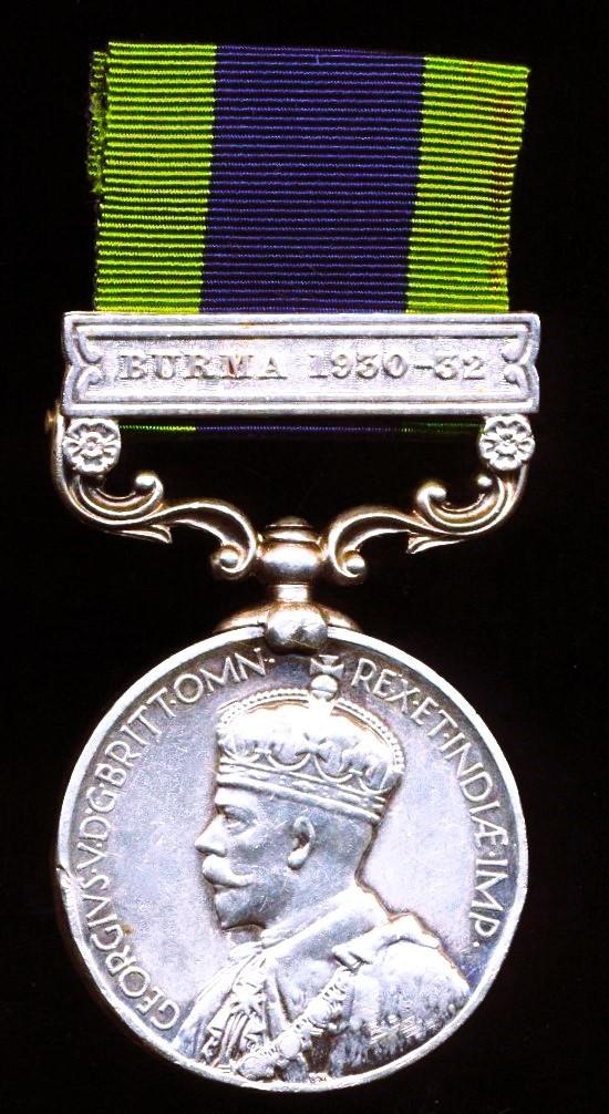 India General Service Medal 1908-35. GV second issue with clasp 'Burma 1930-32'  (S.B.A. Ghulam Sarwar M.E.S.)