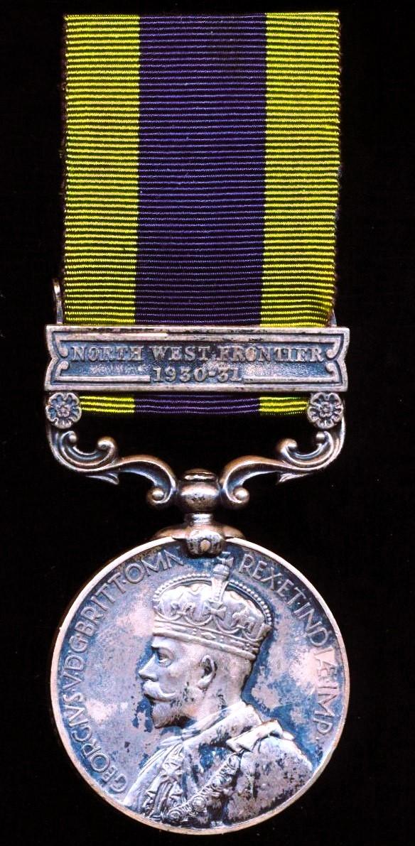 India General Service Medal 1908-35. GV second issue with clasp 'North West Frontier 1930-31' (8336 Sep. Dhian Singh, 5-12 F.F.R.)