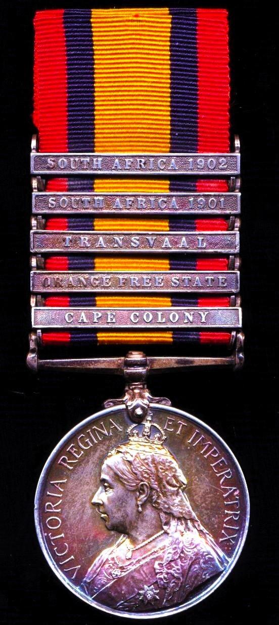 Queen’s South Africa Medal 1899-1902. Silver issue with 5 x clasps, 'Cape Colony', 'Orange Free State', 'Transvaal', 'South Africa 1901' & 'South Africa 1902' (9558 Sapr. A. Bayliss. Rl: Engineers.)