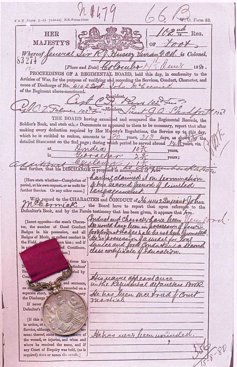 Army Long Service & Good Conduct Medal. Victorian issue (4142. Corpl J. McCormick, 102nd Foot)