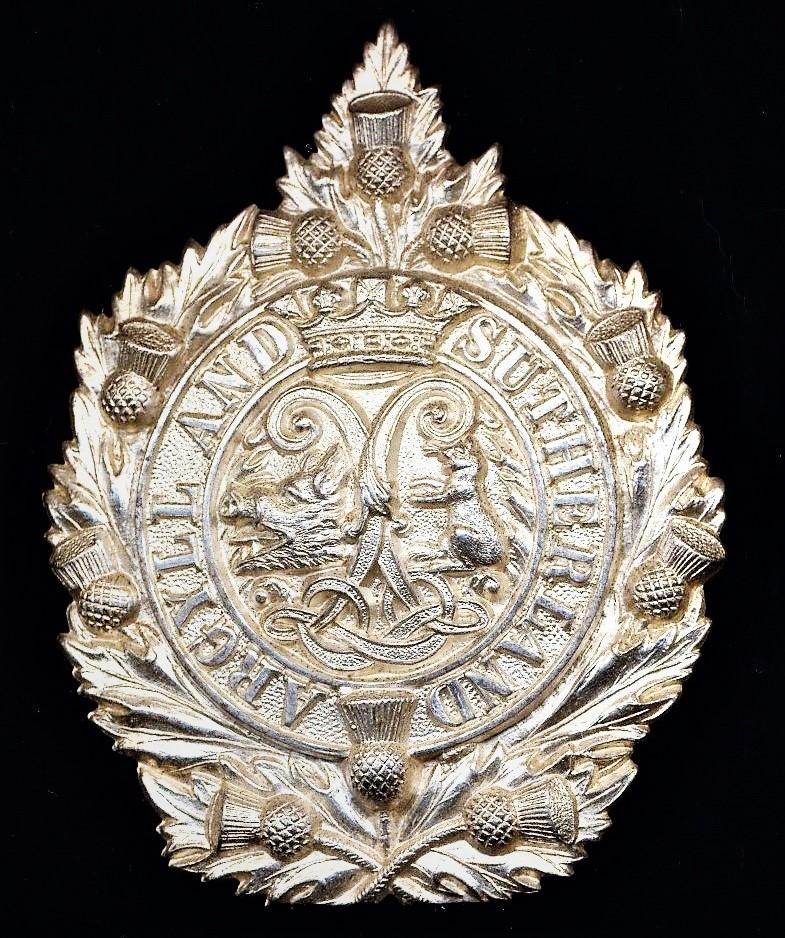 Argyll and Sutherland Highlanders: A fine silvered or silver plated glengarry badge. Solid centre, with crisp frosted appearance. Presumably an Officers or Senior NCO's issue