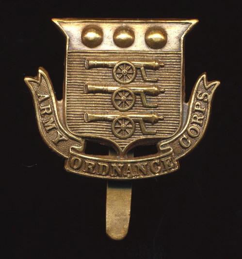 Army Ordnance Corps, A.O.C.: Other-Ranks gilding metal cap badge (shield with 3 x title scrolls)
