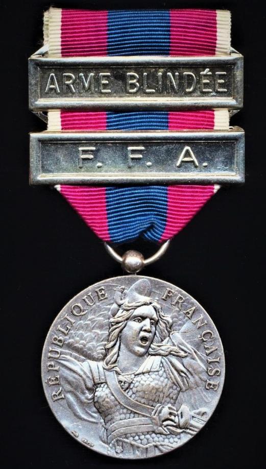 France: National Defence Medal (Medaille de la Defense Nationale). Paris Mint model. Second class, or 'Silver' grade, with 2 x clasps 'F. F. A.' & 'Armee Blindee'