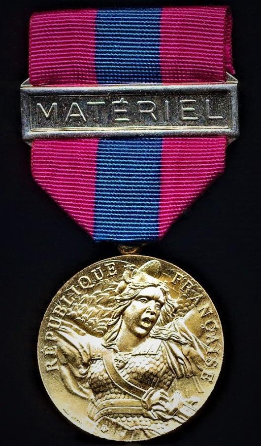 France: National Defence Medal (Medaille de la Defense Nationale). Ordnance model medal. 3rd Class, or 'Bronze' grade with clasp 'Materiel'