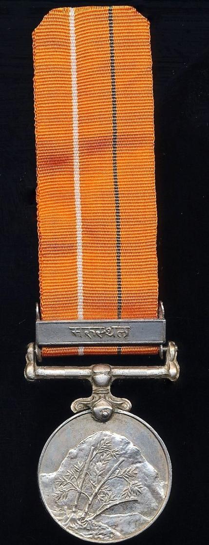 India: Services Medal (Sainya Seva Medal) with Hindi language clasp 'Marushtal' (Desert) (14394115 Hav K Chand A D A)