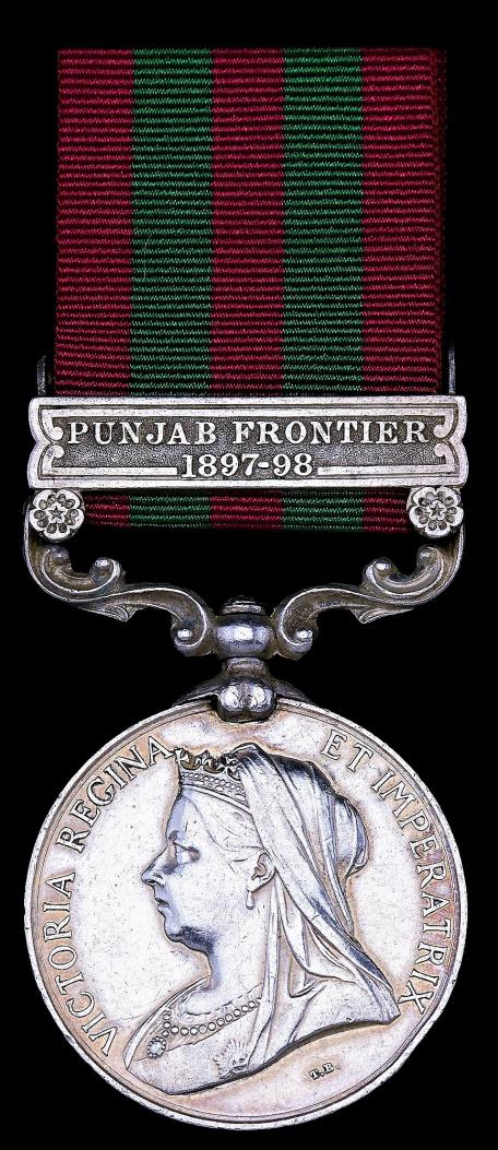 India General Service Medal 1895-1902. Silver issue with clasp 'Punjab Frontier 1897-98' (Jemdr. Pooran Singh 12th Bl. Cavy:)