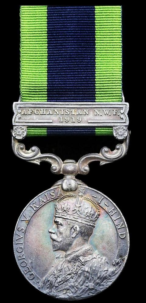 India General Service Medal 1908-35. GV first type. Silver issue with clasp 'Afghanistan N.W.F. 1919' (2526 Nk. Sampat Singh, 16/Rajputs.)