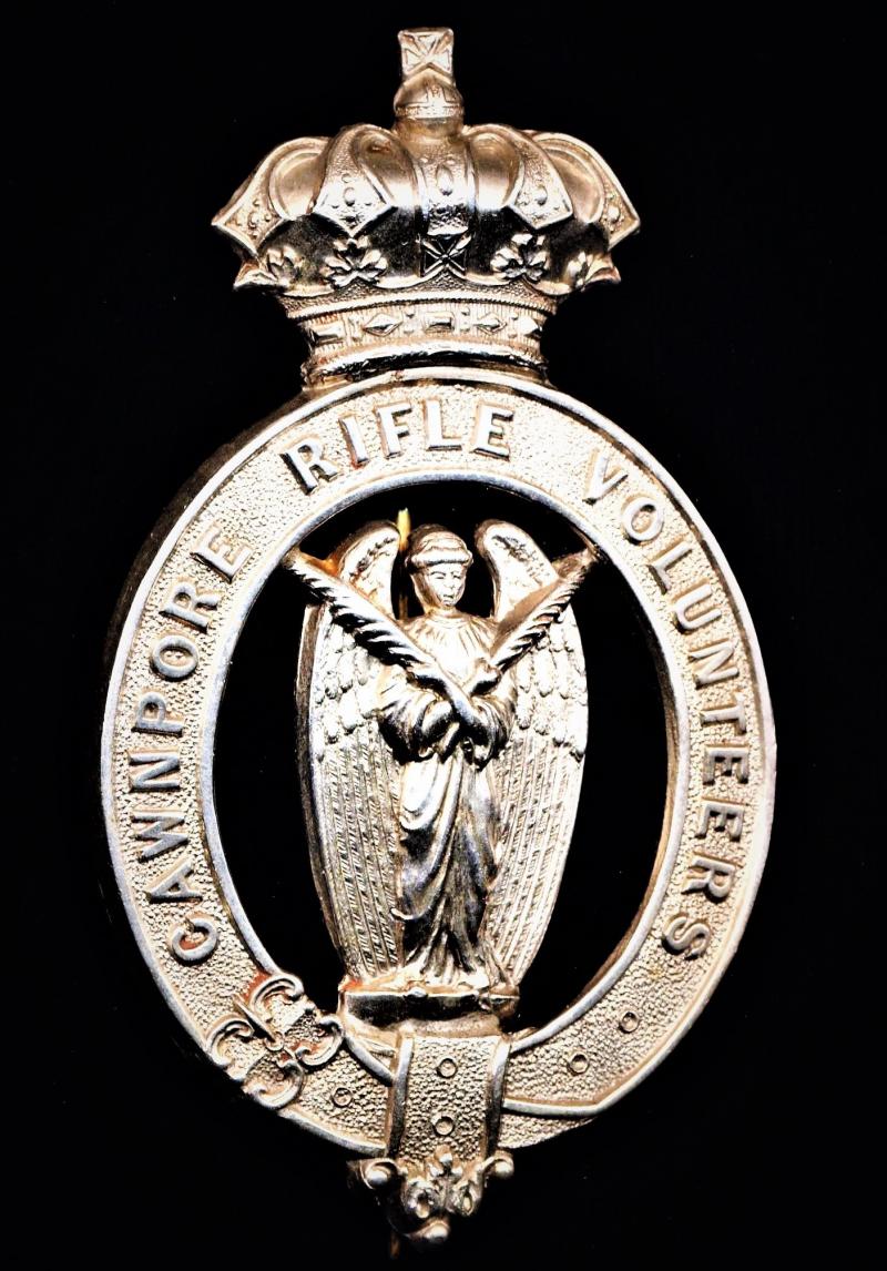 British India: Cawnpore Rifle Volunteers. Helmet Badge. White Metal. With Gothic Crown. Die-struck