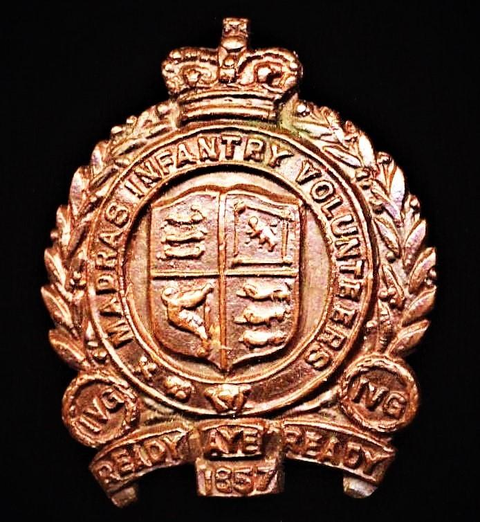 British India: Madras Volunteer Guards. Collar Badge. Queen Victoria Crown. Bronze. Die Struck