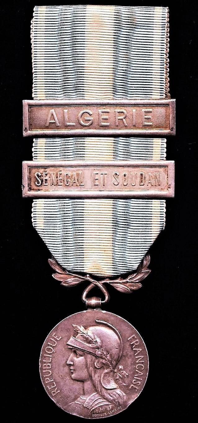 France: Colonial Medal (Medaille Coloniale). 1st type Paris Mint 'Premier Type' medal with bi-face wreath suspension. With 2 x clasps (clapets) 'Senegal et Soudan' & 'Algerie'