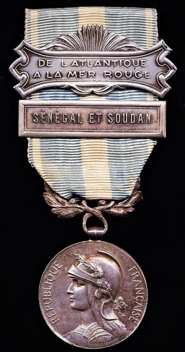 France: Colonial Medal (Medaille Coloniale). 1st type Paris Mint 'Premier Type' with bi-face suspension & 2 x clasps (Agrafe & Grand Mission types) 'Senegal et Soudan' & 'De L'Atlantique A La Mer Rouge'