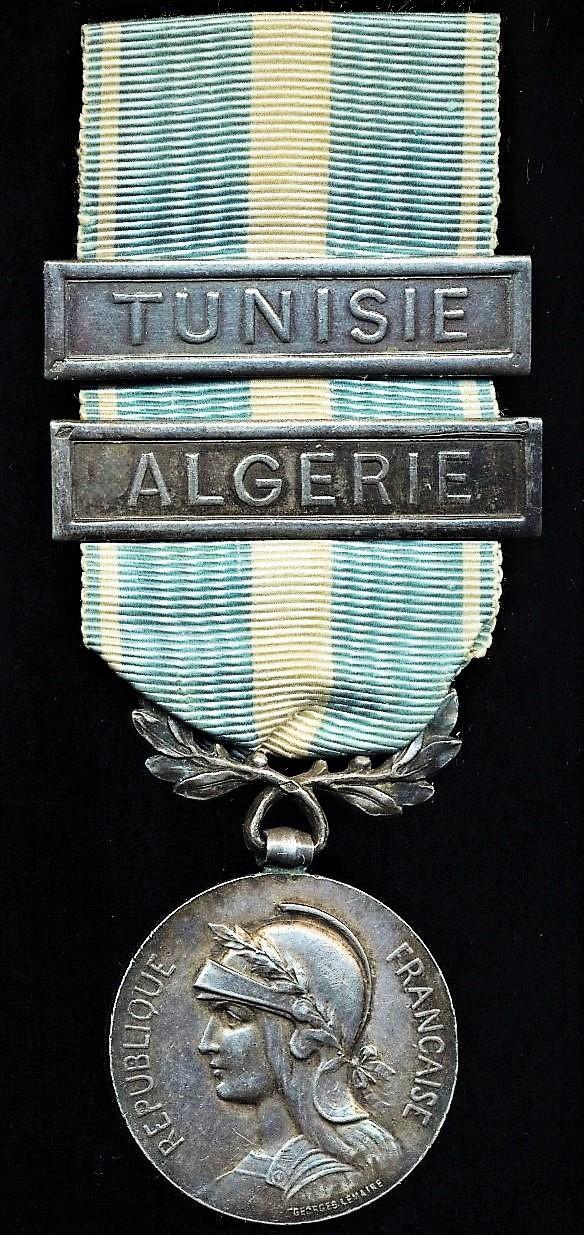 France: Colonial Medal (Medaille Coloniale). 1st type Paris Mint 'Premier Type' medal with bi-face wreath suspension. With 2 x clasps (clapets) 'Algerie' & 'Tunisie'