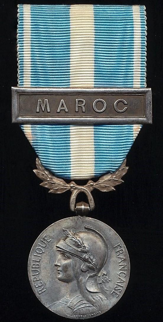 France: Colonial Medal (Medaille Coloniale). 'Intermediate' type Colonial Medal, with uni-face wreath suspension & clasp (agrafe) 'Maroc'