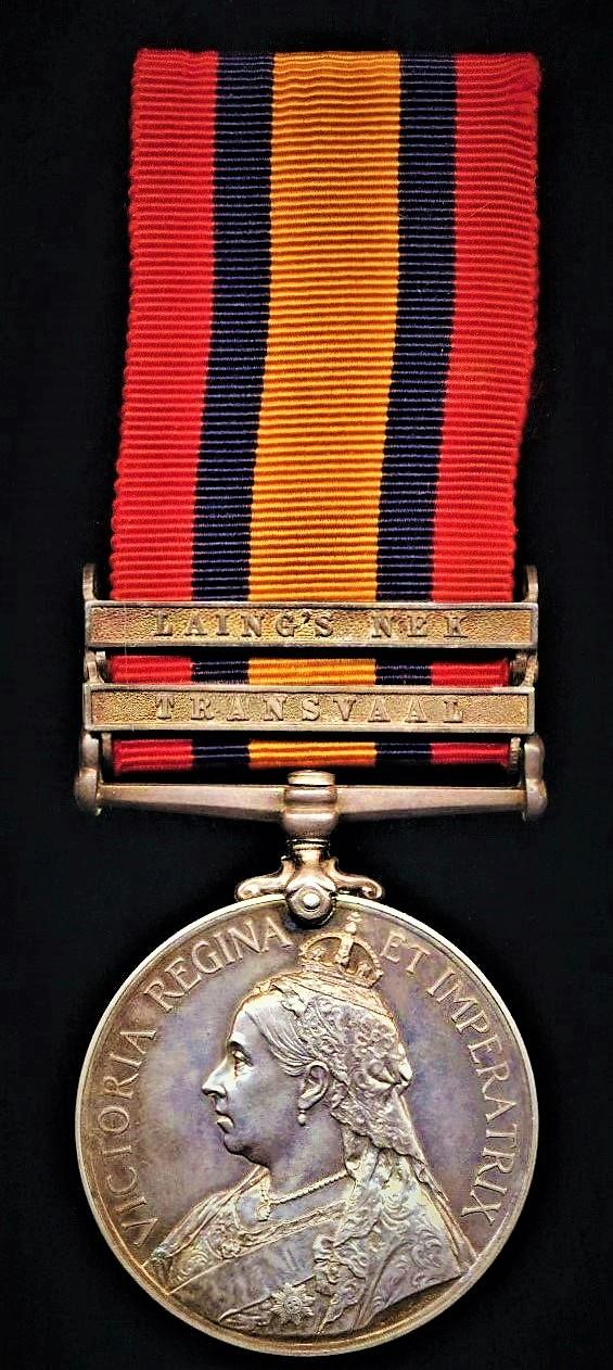 Queen's South Africa Medal 1899-1902. Silver issue with 2 x clasps 'Transvaal' & 'Laing's Nek' (982 Tpr: A. C. Wright. Bethune’s M.I.)
