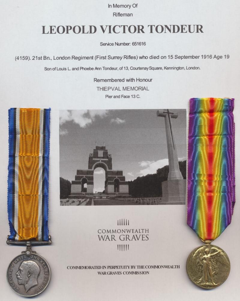 A London Regiment Great War Casualty Pair: Private Leopold Victor alias 'Frank' Tondeur, 21st (County of London) Battalion, The London Regiment (1st Surrey Rifles) (TF)