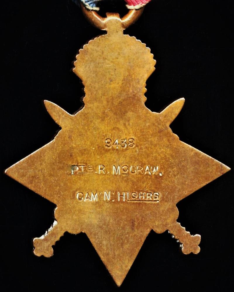 A Jock's 'Mons-Le Cateau' 1914 Star medal trio: Private Robert Charles McCraw 1st Battalion Queens Own Cameron Highlanders
