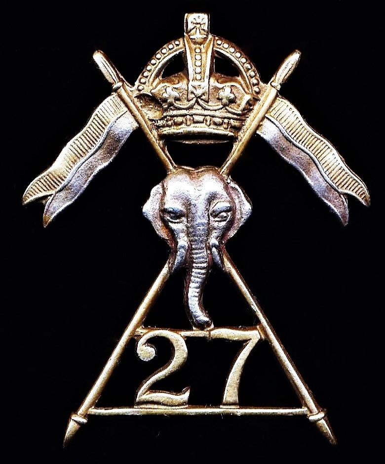 27th Lancers. Cap badge. Officers pattern. Bi-metal. Circa 1941-1945