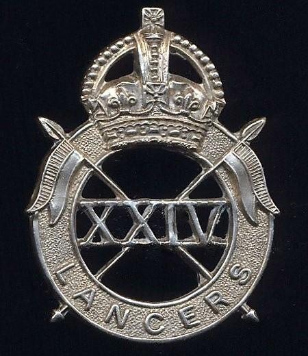 24th Lancers. Cap badge. White metal (or, s/p). Circa 1941-1944