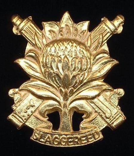 Republic of South Africa: Regiment Langenhoven. Gilding metal cap badge