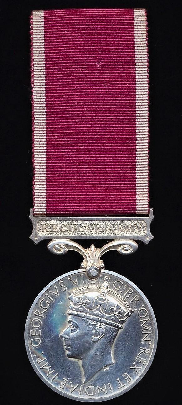 Military Long Service & Good Conduct Medal. GVI, first issue with 'Regular Army' bar (7582388 W.O. Cl. 2. C. S. Erskine. R.E.M.E.)