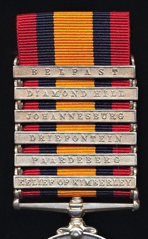 Queens South Africa Medal 1899-1902. Silver issue with 6 x clasps 'Relief of Kimberley', 'Paardeberg', 'Driefontein', 'Johannesburg', 'Diamond Hill' & 'Belfast' (6113 Pte. P. Murphy, 1st Rl: Irish Regt)