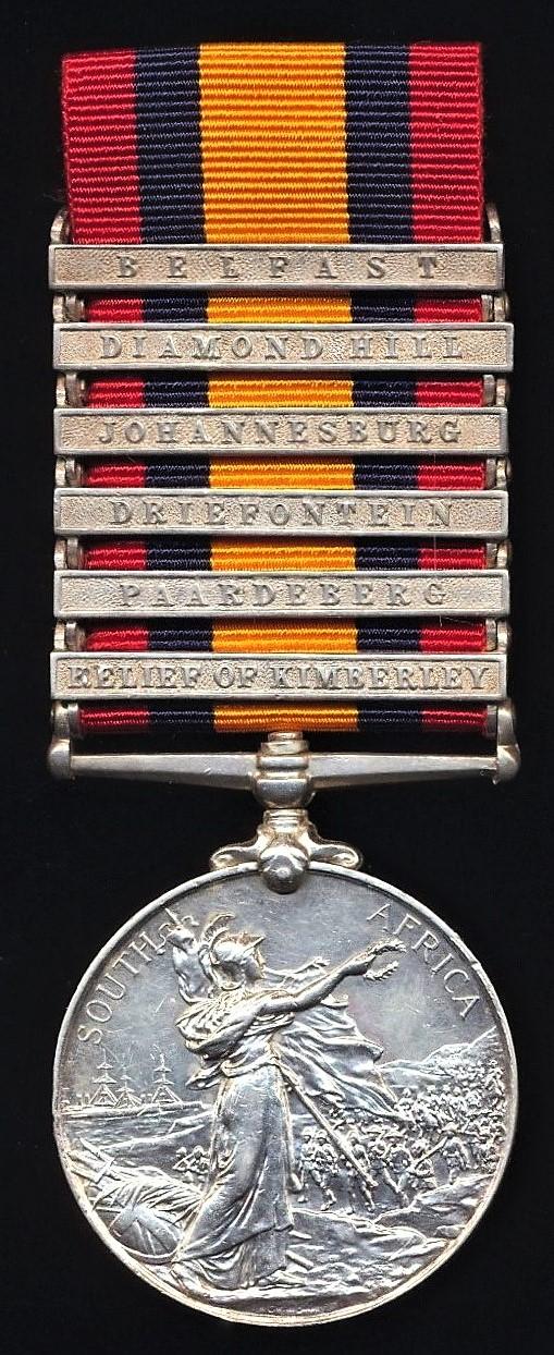 Queens South Africa Medal 1899-1902. Silver issue with 6 x clasps 'Relief of Kimberley', 'Paardeberg', 'Driefontein', 'Johannesburg', 'Diamond Hill' & 'Belfast' (6113 Pte. P. Murphy, 1st Rl: Irish Regt)