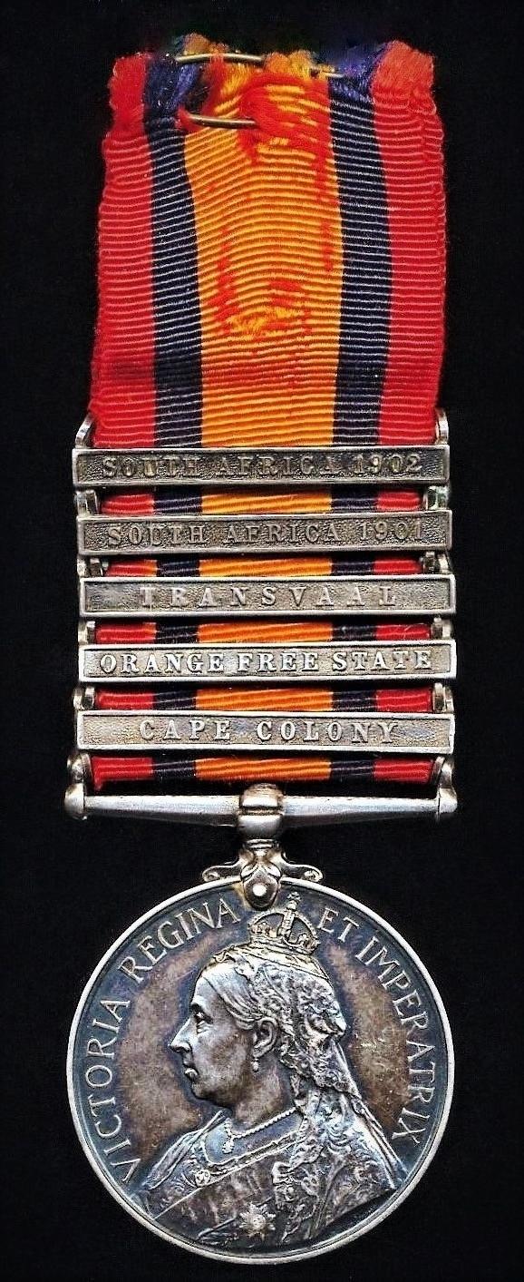 Queens South Africa Medal 1899-1902. Silver issue with 5 x clasps 'Cape Colony', 'Orange Free State', 'Transvaal', 'South Africa 1901', 'South Africa 1902' (8038 Pte W. S. Kennedy, Vol: Coy Scot: Rifles)