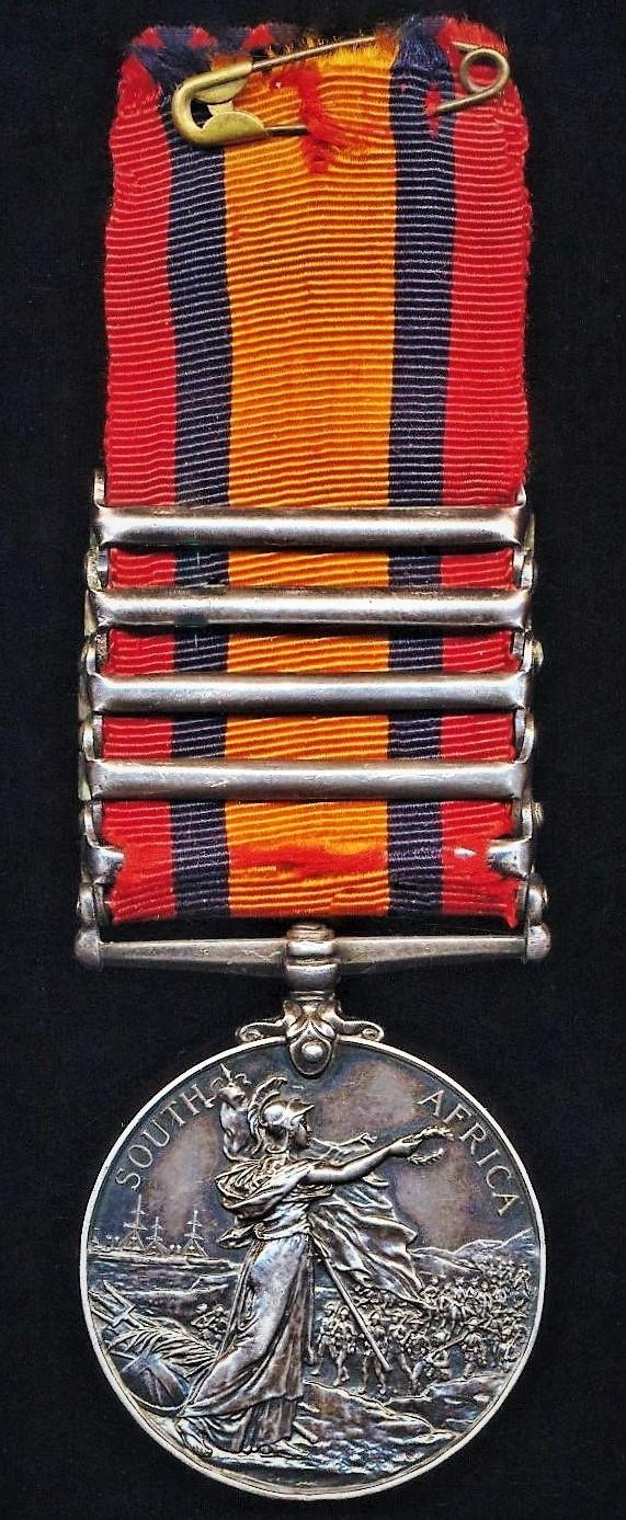 Queens South Africa Medal 1899-1902. Silver issue with 5 x clasps 'Cape Colony', 'Orange Free State', 'Transvaal', 'South Africa 1901', 'South Africa 1902' (8038 Pte W. S. Kennedy, Vol: Coy Scot: Rifles)