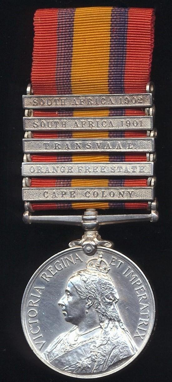 Queens South Africa Medal 1899-1902. Silver issue with 5 x clasps 'Cape Colony', 'Orange Free State', 'Transvaal', 'South Africa 1901' & 'South Africa 1902' (25212 Tpr: G. Smith. 74th Coy Imp: Yeo:)