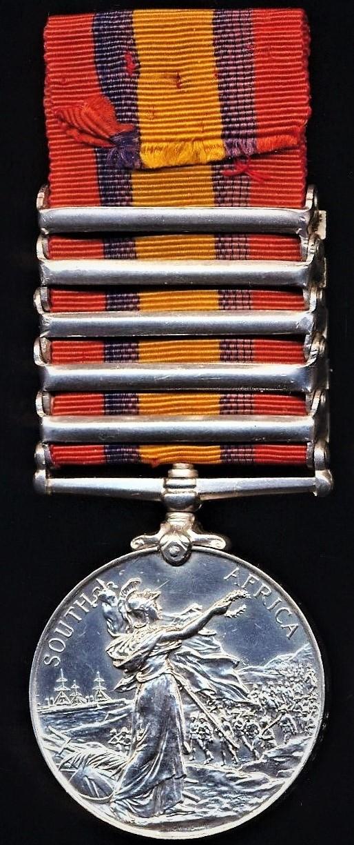 Queens South Africa Medal 1899-1902. Silver issue with 5 x clasps 'Cape Colony', 'Orange Free State', 'Transvaal', 'South Africa 1901' & 'South Africa 1902' (25212 Tpr: G. Smith. 74th Coy Imp: Yeo:)