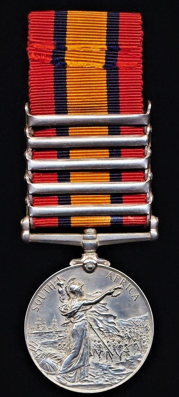 Queens South Africa Medal 1899-1902. Silver issue with 5 x clasps 'Cape Colony', 'Johannesburg', 'Diamond Hill', 'Wittebergen' & 'South Africa 1901' (3951. Pvte: C. Linder. 17/Lcrs.)