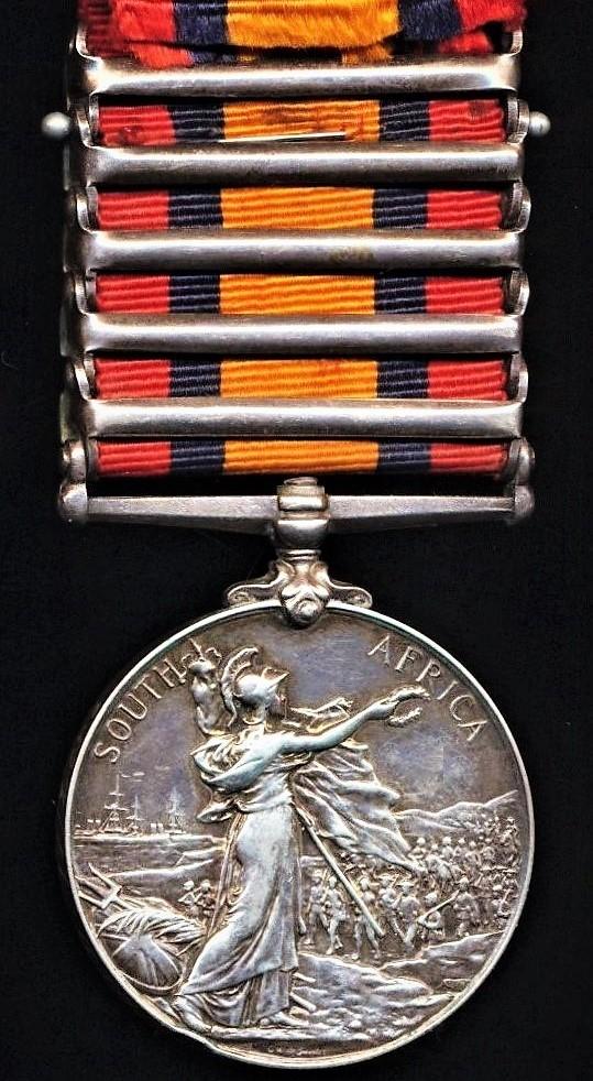 Queens South Africa Medal 1899-1902. Silver issue with 5 x clasps 'Cape Colony', 'Johannesburg', 'Transvaal', 'Diamond Hill', 'Wittebergen' & 'South Africa 1901' (3930. Pvte. R. Arnold. 17/Lcrs.)