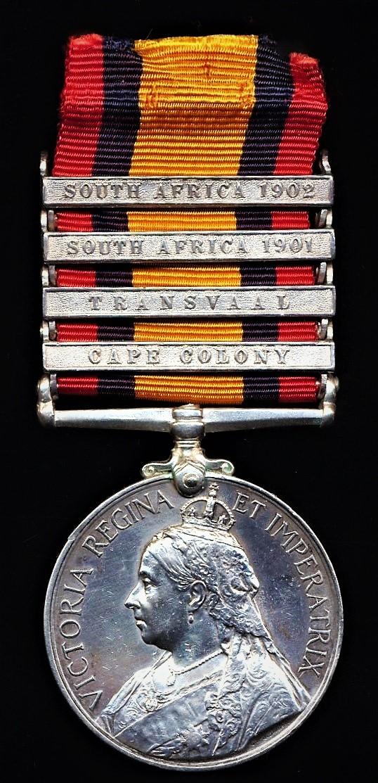 Queens South Africa Medal 1899-1902. Silver issue with 4 x clasps 'Cape Colony', 'Transvaal', 'South Africa 1901', 'South Africa 1902' (31976 Pte. A. Kirkwood.  61st Coy Imp: Yeo:)