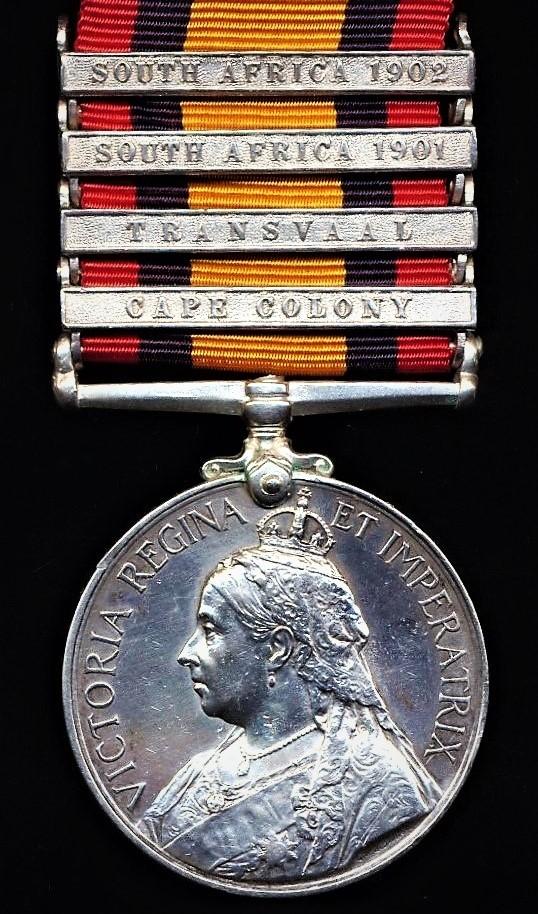 Queens South Africa Medal 1899-1902. Silver issue with 4 x clasps 'Cape Colony', 'Transvaal', 'South Africa 1901', 'South Africa 1902' (31976 Pte. A. Kirkwood.  61st Coy Imp: Yeo:)