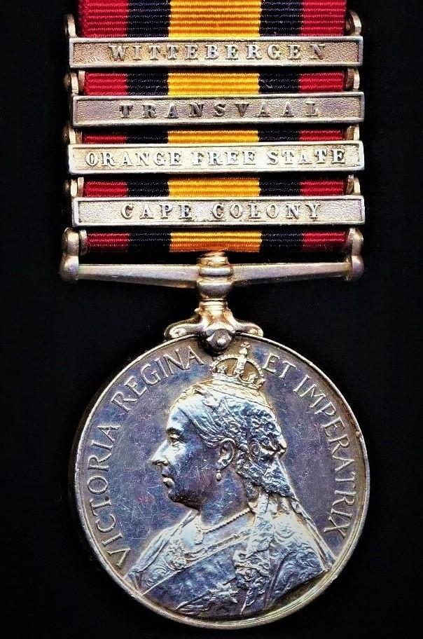 Queens South Africa Medal 1899-1902. Silver issue with 4 x clasps 'Cape Colony', 'Orange Free State', 'Transvaal' & 'Wittebergen' (4702. Pte. J. McRae. Sea: Highrs: M.I.)