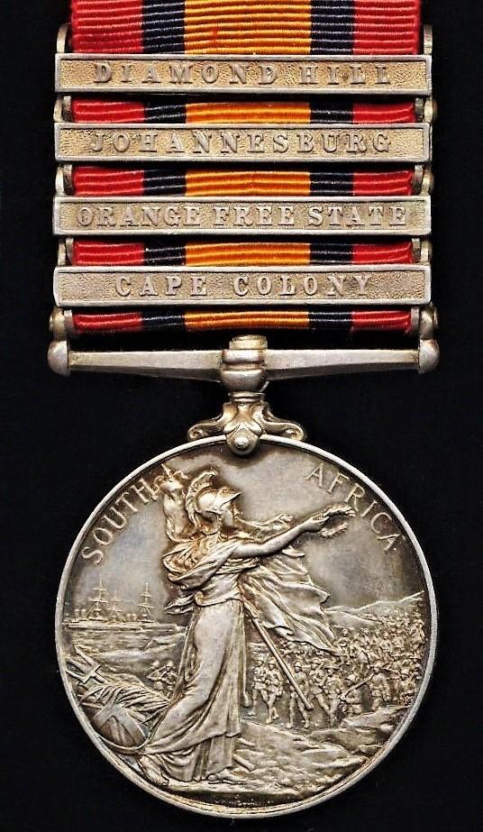 Queens South Africa Medal 1899-1902. Silver issue with 4 x clasps 'Cape Colony', 'Orange Free State', 'Johannesburg' & 'Diamond Hill' (3697. Pvte. J. Smith. 17/Lcrs:)