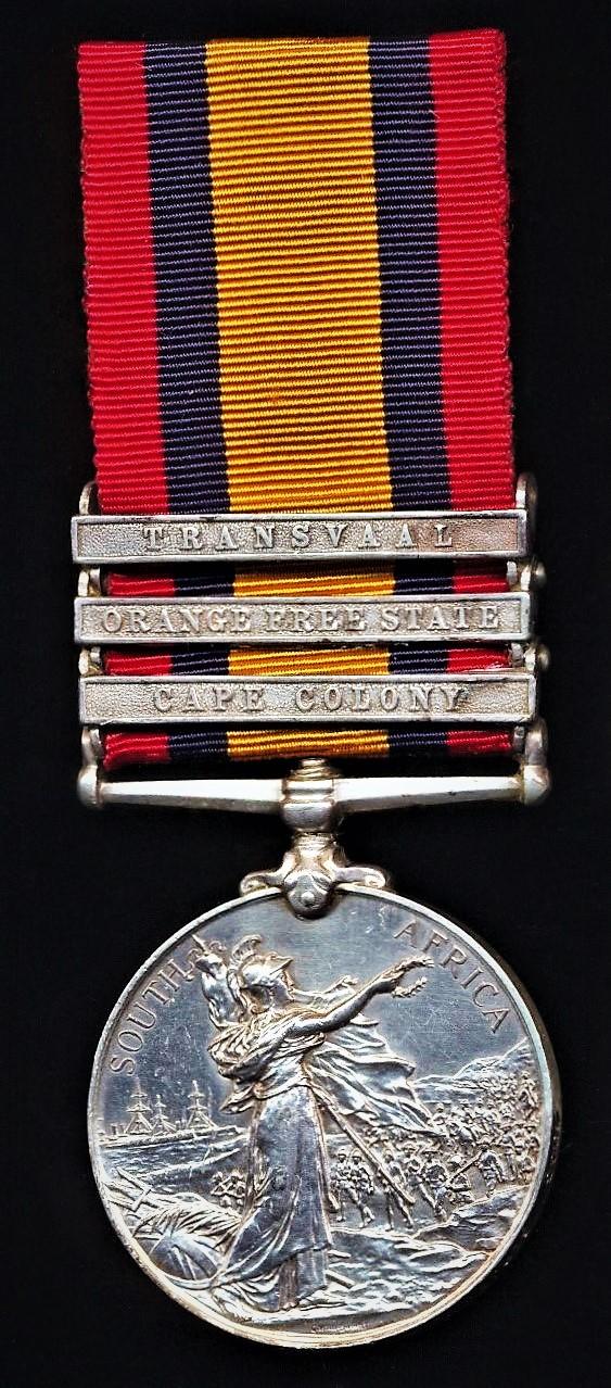 Queens South Africa Medal 1899-1902. Silver issue with 3 x clasps 'Cape Colony', 'Orange Free State' & 'Transvaal' (4033 Serjt: D. Fraser. 1st Cam'n: Highrs:)