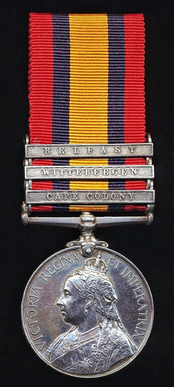 Queens South Africa Medal 1899-1902. Silver issue with 3 x clasps 'Cape Colony', 'Wittebergen' & 'Belfast' (7847 Pte J. Connolly, Vol: Coy Rl: Irish Regt)