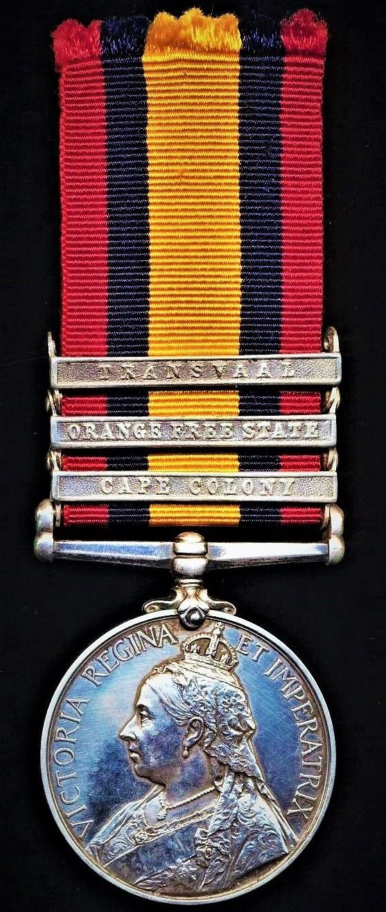 Queens South Africa Medal 1899-1902. Silver issue with 3 x clasps 'Cape Colony', 'Orange Free State' & 'Transvaal' (1110 Pte E. Coyle, R. Irish Rif:)