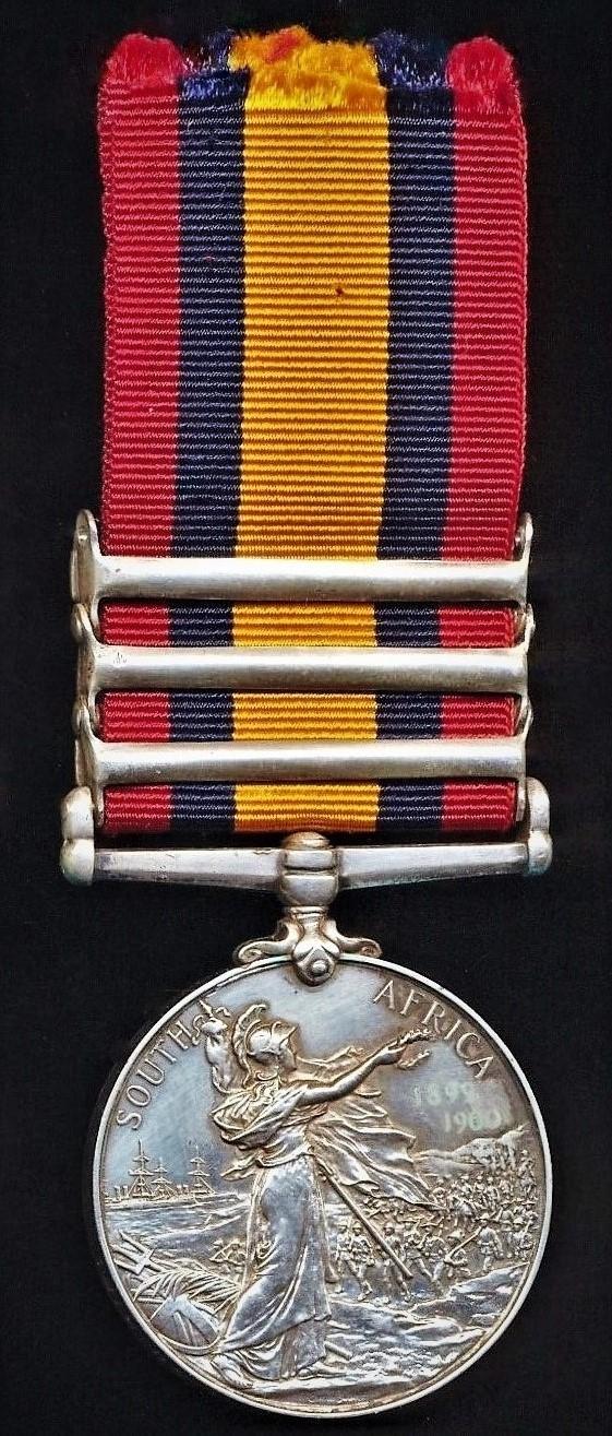 Queens South Africa Medal 1899-1902. Silver issue with 3 x clasps 'Cape Colony', 'Orange Free State' & 'Transvaal' (1110 Pte E. Coyle, R. Irish Rif:)