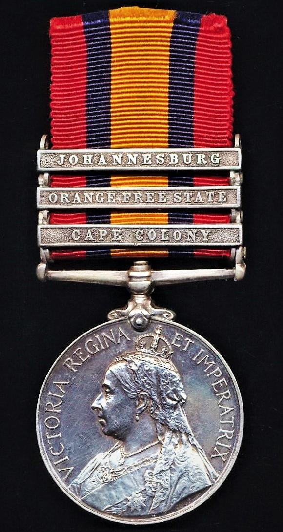 Queens South Africa Medal 1899-1902. Silver issue with 3 x clasps 'Cape Colony', 'Orange Free State' & 'Johannesburg' (6931 Pte. A. Lauder, Vol: Coy K.O. Scot: Bord:)