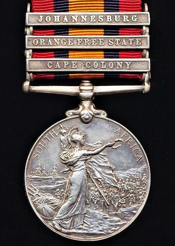 Queens South Africa Medal 1899-1902. Silver issue with 3 x clasps 'Cape Colony', 'Orange Free State' & 'Johannesburg' (6931 Pte. A. Lauder, Vol: Coy K.O. Scot: Bord:)