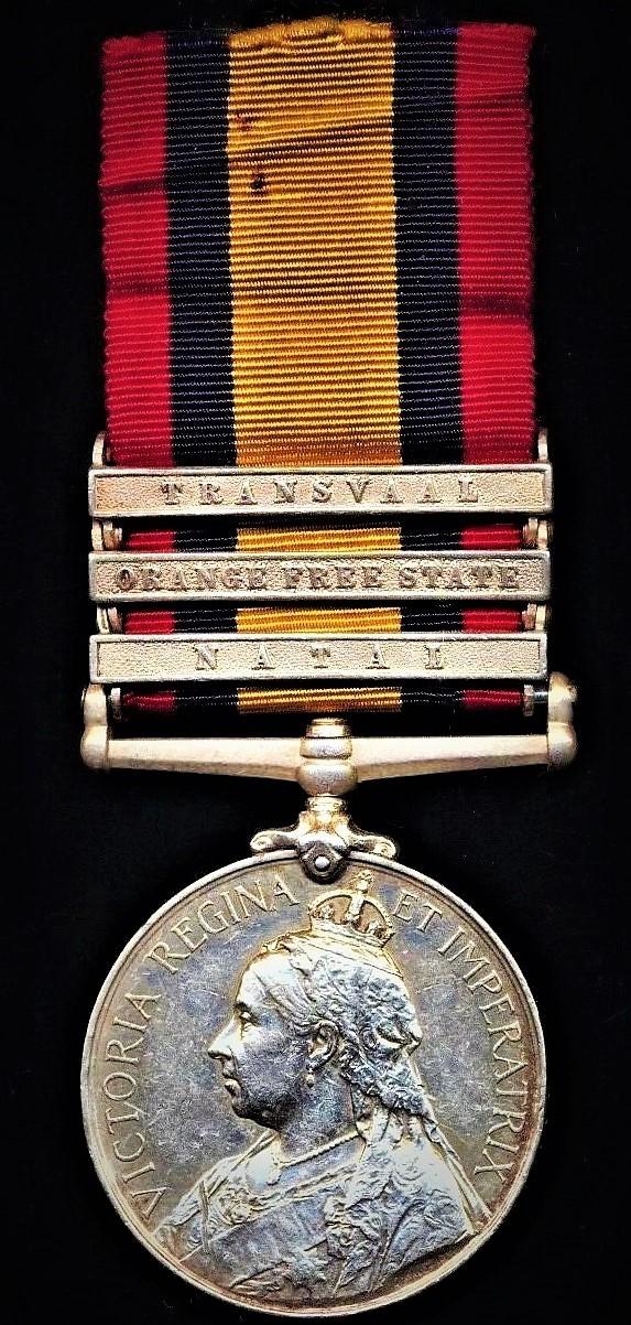 Queens South Africa Medal 1899-1902. Silver issue with 3 x clasps 'Natal', 'Orange Free State' & 'Transvaal' (6500 Pte J. Buckley, Scot: Rifles)