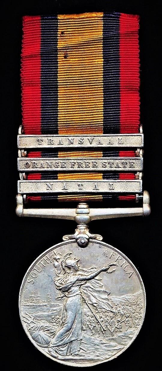 Queens South Africa Medal 1899-1902. Silver issue with 3 x clasps 'Natal', 'Orange Free State' & 'Transvaal' (6500 Pte J. Buckley, Scot: Rifles)