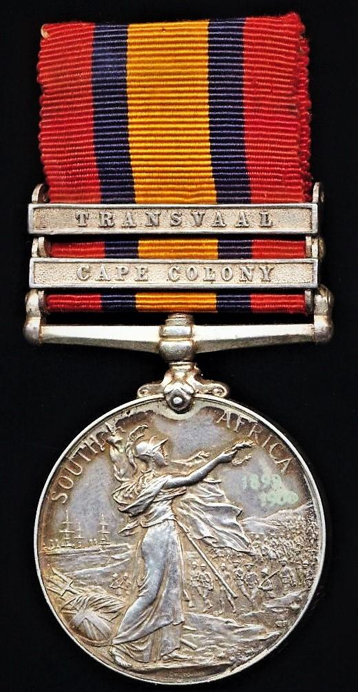 Queens South Africa Medal 1899-1902. Silver issue with 2 x clasps 'Cape Colony' & 'Transvaal' (1891 Pte J. McKee, Rl. Irish Fus:)